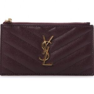 Yves Saint Laurent Burgundy Quilted Leather Card Case with Gold Logo